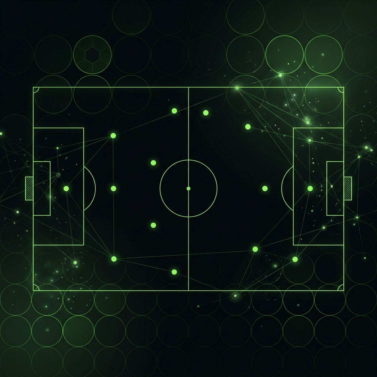Grafismo de campo de futebol com rede de passes e pontos de dados sobre fundo escuro.