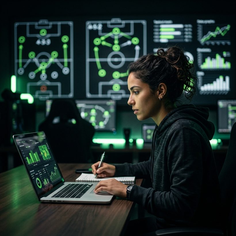 Estudante em transição de carreira estudando análise de jogo no notebook.