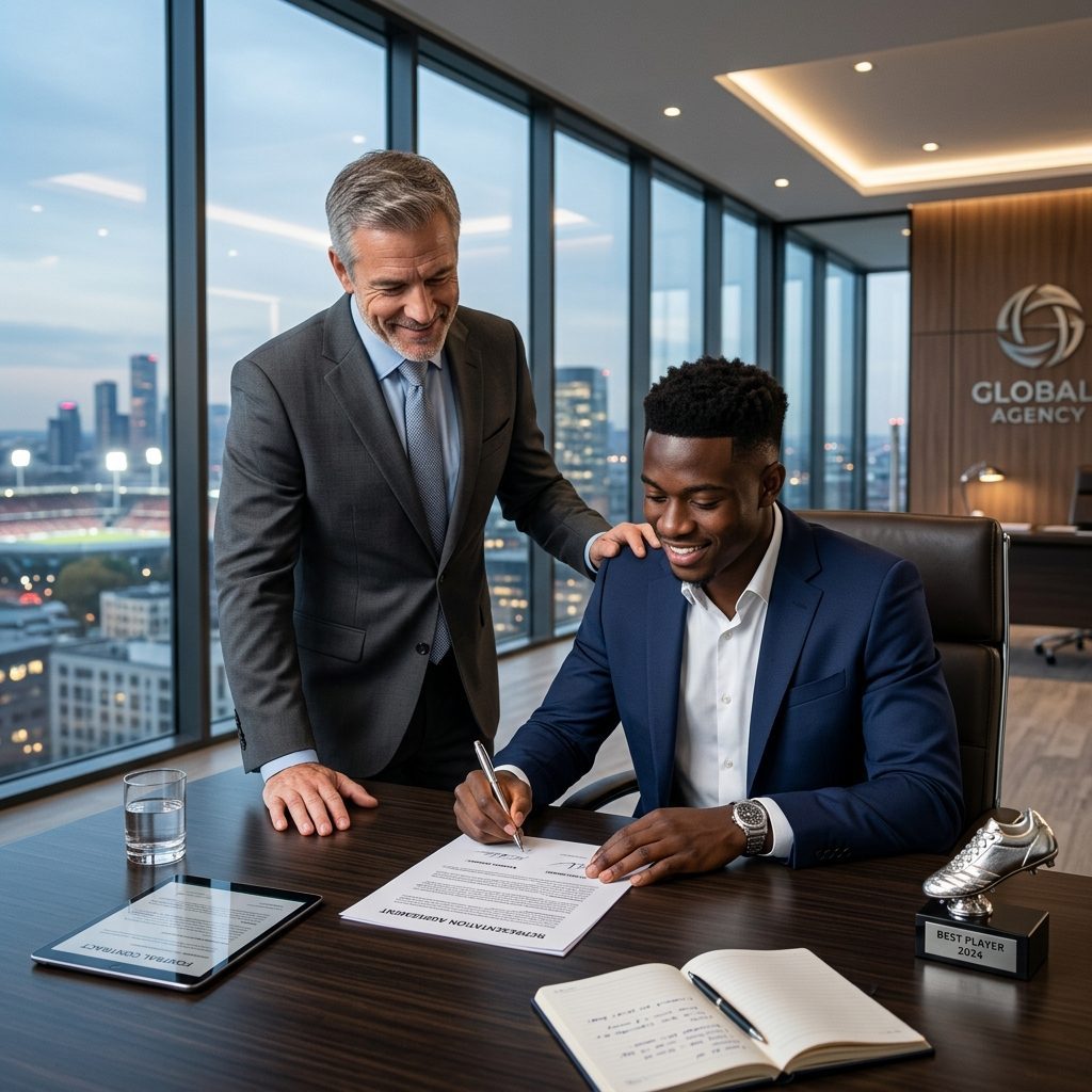 Jogador de futebol assinando contrato de representação com seu agente em escritório corporativo moderno de alto padrão