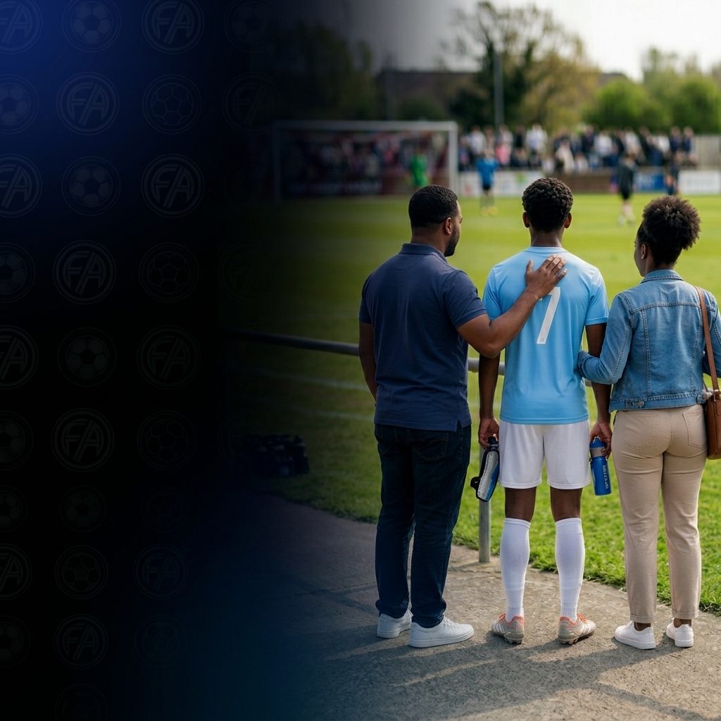 Pai, mãe e um jovem atleta de costas, à beira de um campo de futebol de base, olhando o treino.