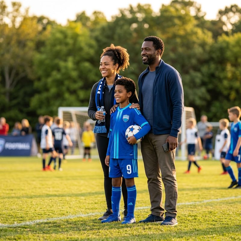 Mãe na arquibancada de um campo de futebol de base, com olhar de apoio e concentração.