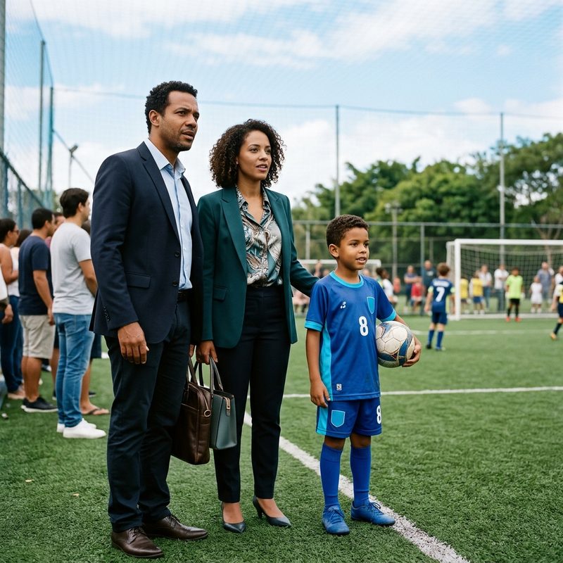Casal conversando à beira de um campo de futebol de base, acompanhando o treino.