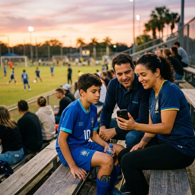 Pai à beira de um campo de futebol de base ao entardecer, celular na mão, acompanhando o treino com atenção.